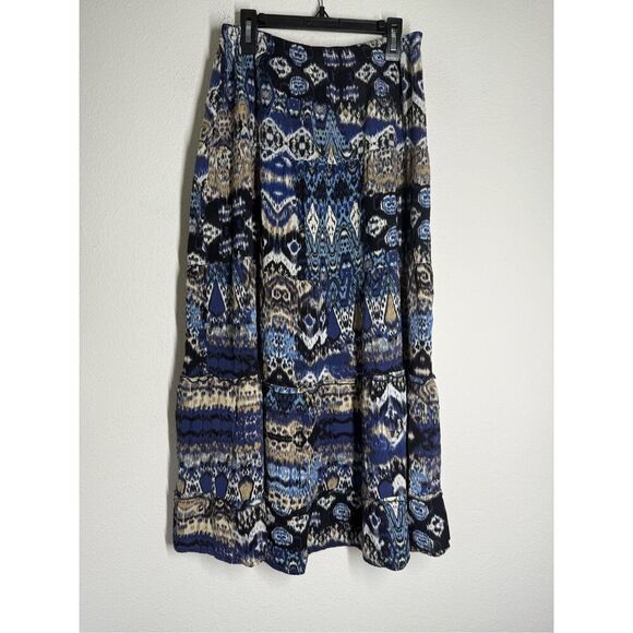 Elementz Boho Tiered Maxi Skirt W/Elastic Waist Geometric Design Print Blue Sz S - Picture 1 of 10